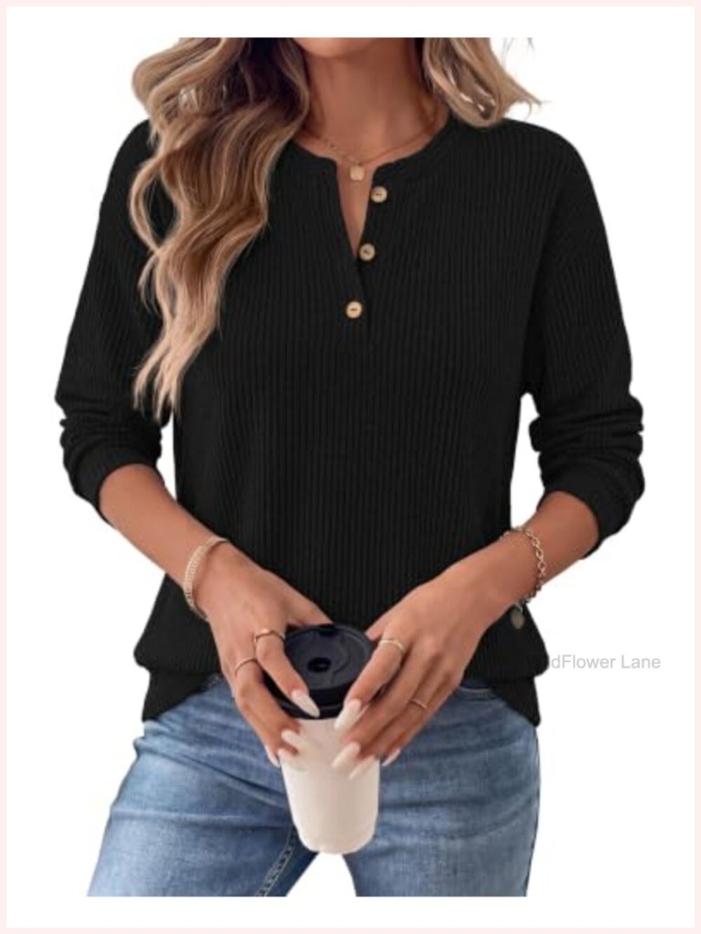 Women's Long Sleeve Henley Tunic Top Ribbed Knit Brushed Fleece Casual
